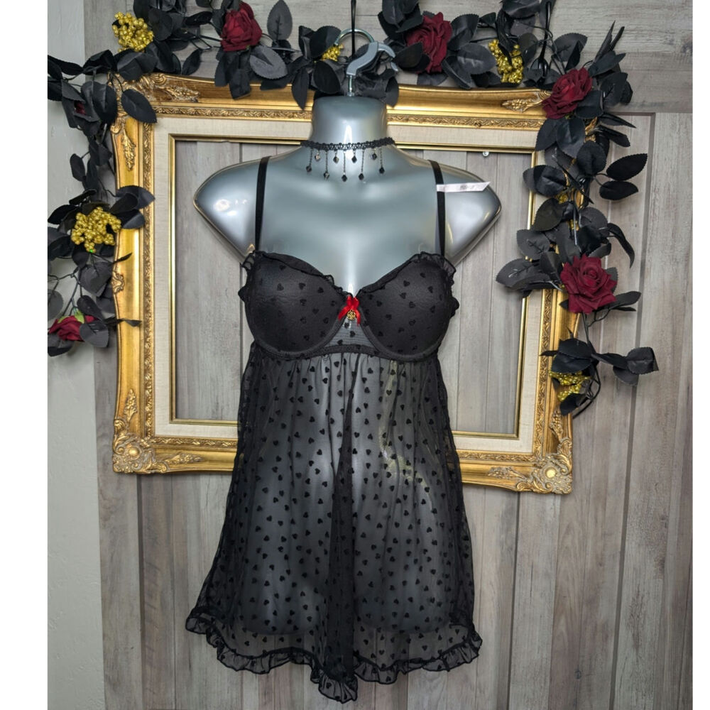 🖤🎀 Coquette Goth Sheer Heart Babydoll Lingerie Dress 🎀🖤